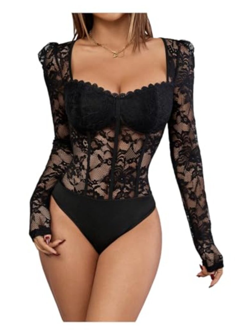 Women's Floral Lace Sheer Long Sleeve V Neck Corset Mesh Bodysuit Leotard